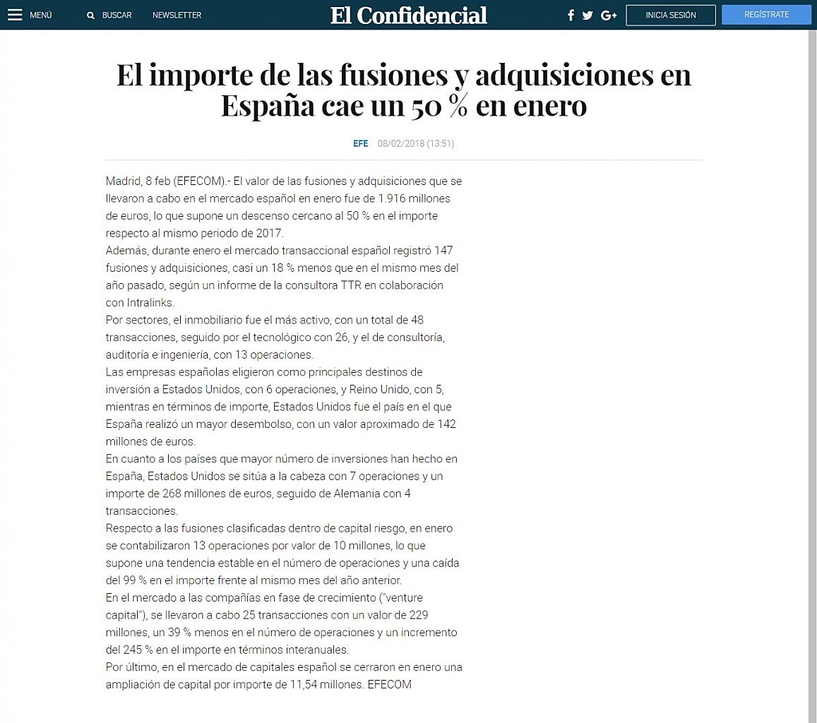 El importe de las fusiones y adquisiciones en Espaa cae un 50 % en enero